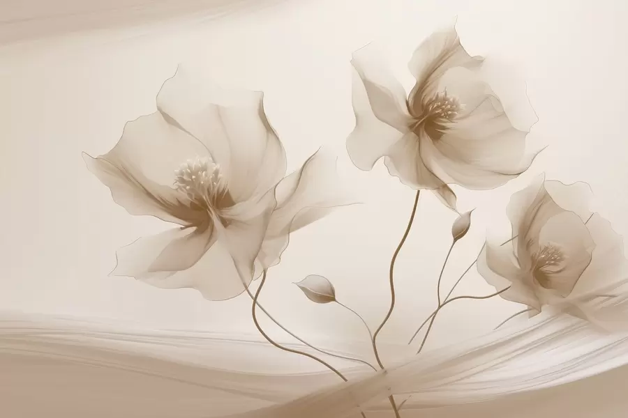 wall murals Three graceful flowers with translucent petals, intertwined with ribbons of light and wind  in beige tones w01932