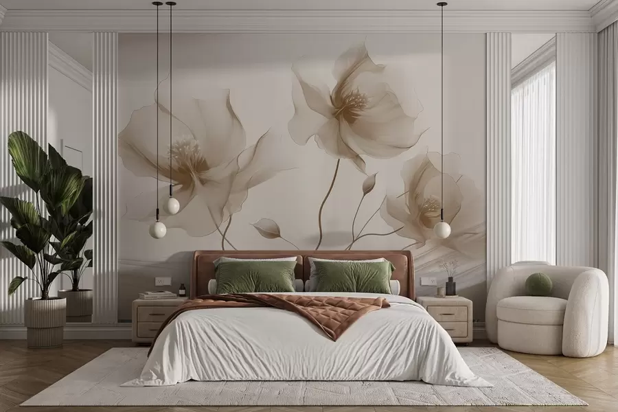 wall murals Three graceful flowers with translucent petals, intertwined with ribbons of light and wind  in beige tones w01932