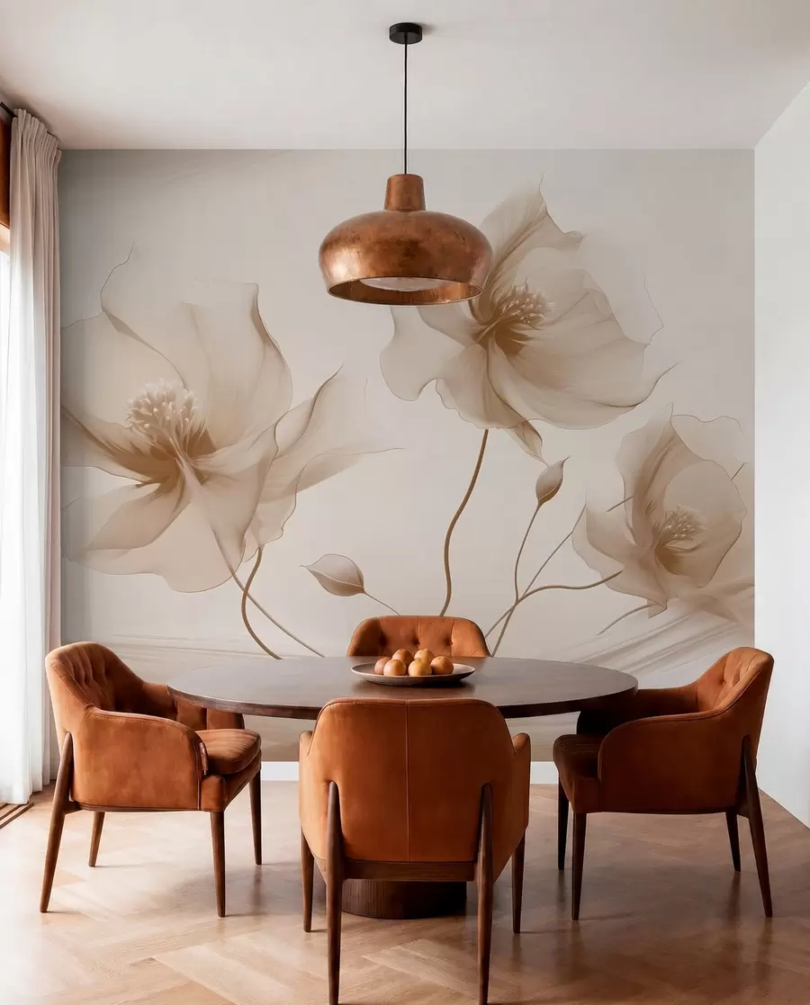 wall murals Three graceful flowers with translucent petals, intertwined with ribbons of light and wind  in beige tones w01932