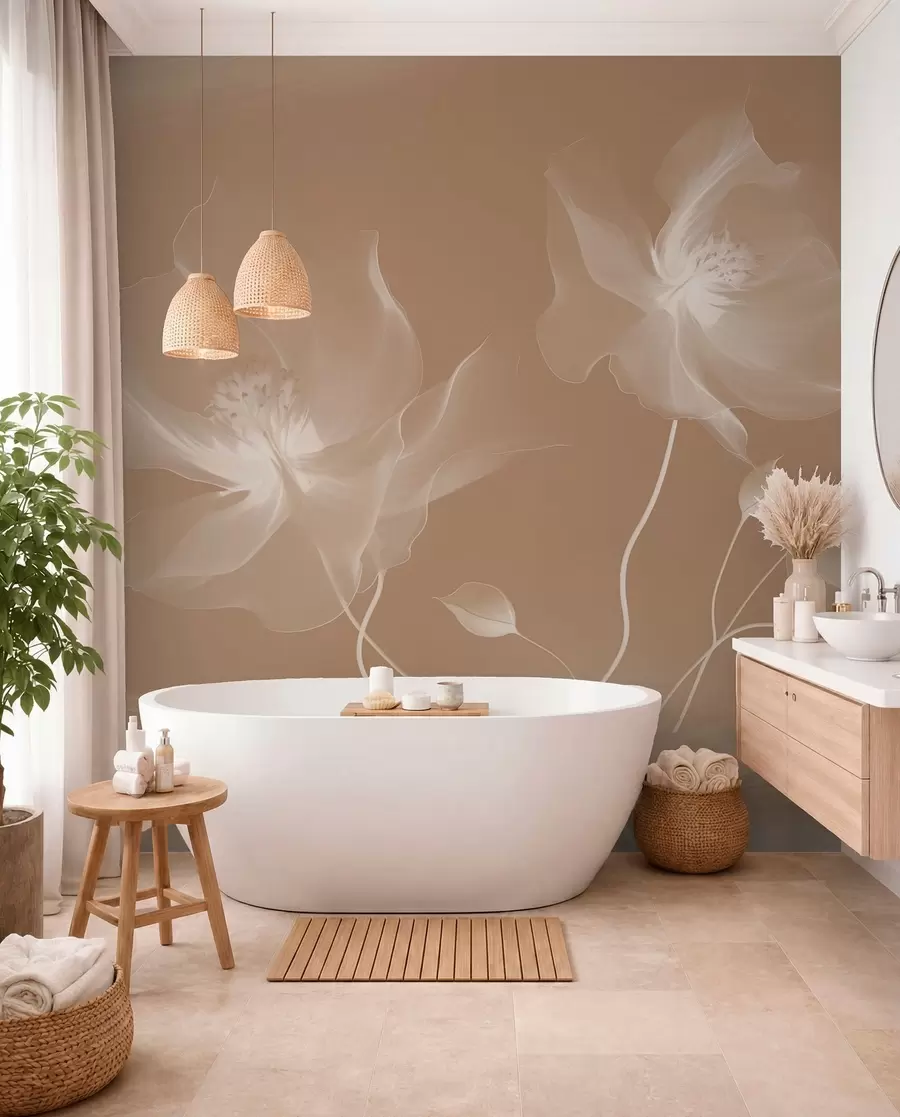 wall murals Three graceful flowers with translucent petals, intertwined with ribbons of light and wind in sepia w01932v1