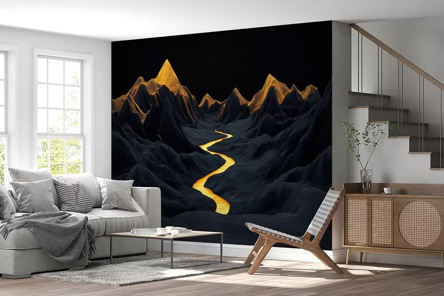 wall murals Polygonal black landscape and a river between the mountains w02063