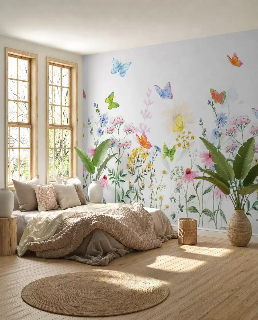 wall murals Colorful flowers and plants and butterflies w02238