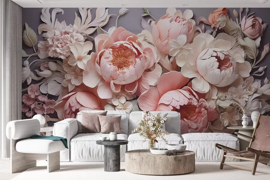 wall murals Floral arrangement of pink-beige peonies and roses in rococo style in light colors w01933v1