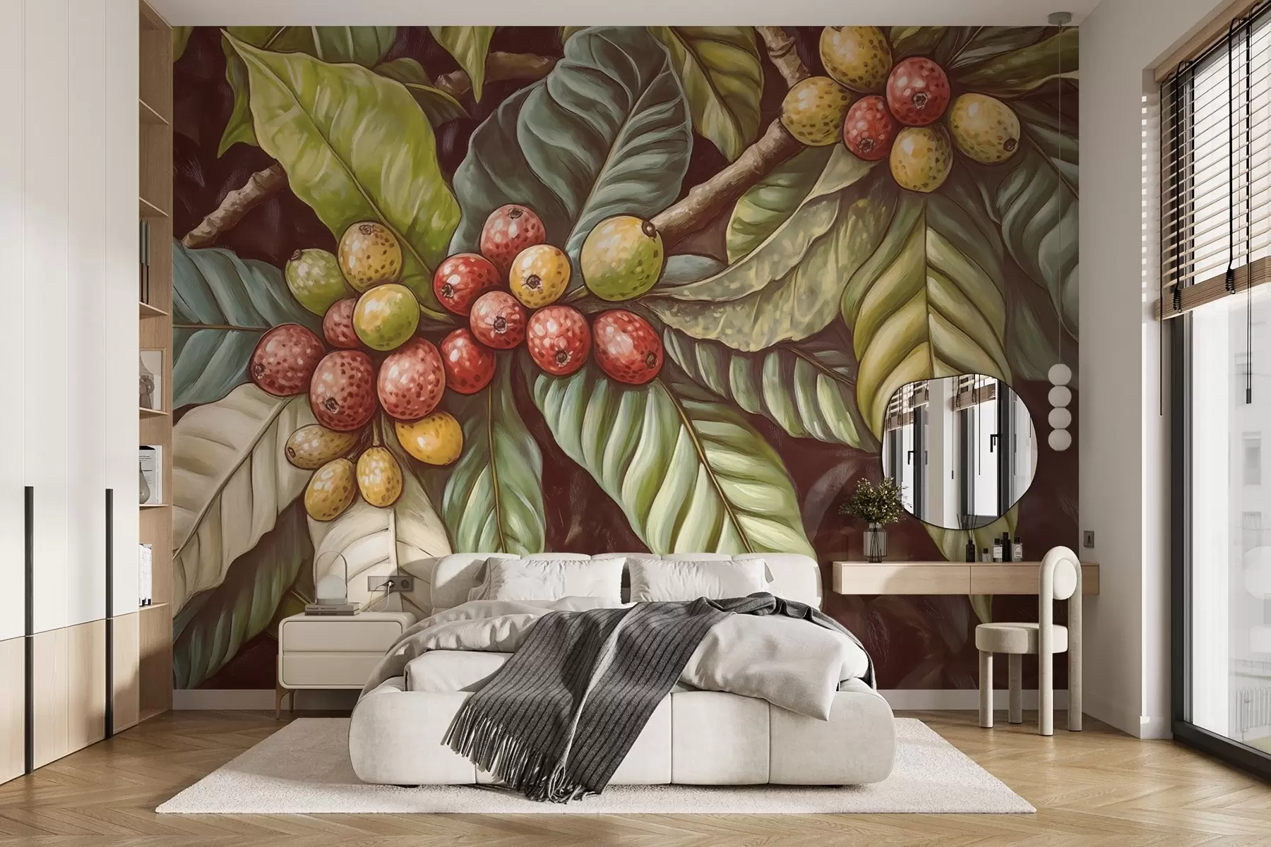 wall murals Coffee plant branches with fruits and tropical elements w02209
