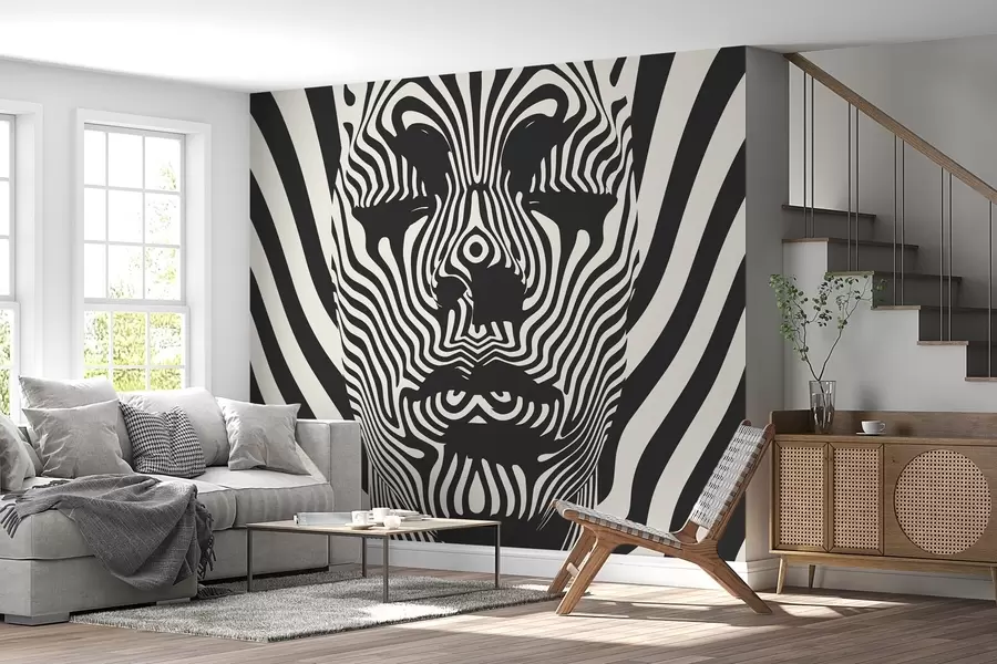 wall murals Op art style trellis with abstract face, wavy lines on light colored background w02285