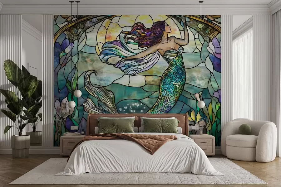 wall murals Wallpaper in stained glass style with the image of a magical mermaid w02286
