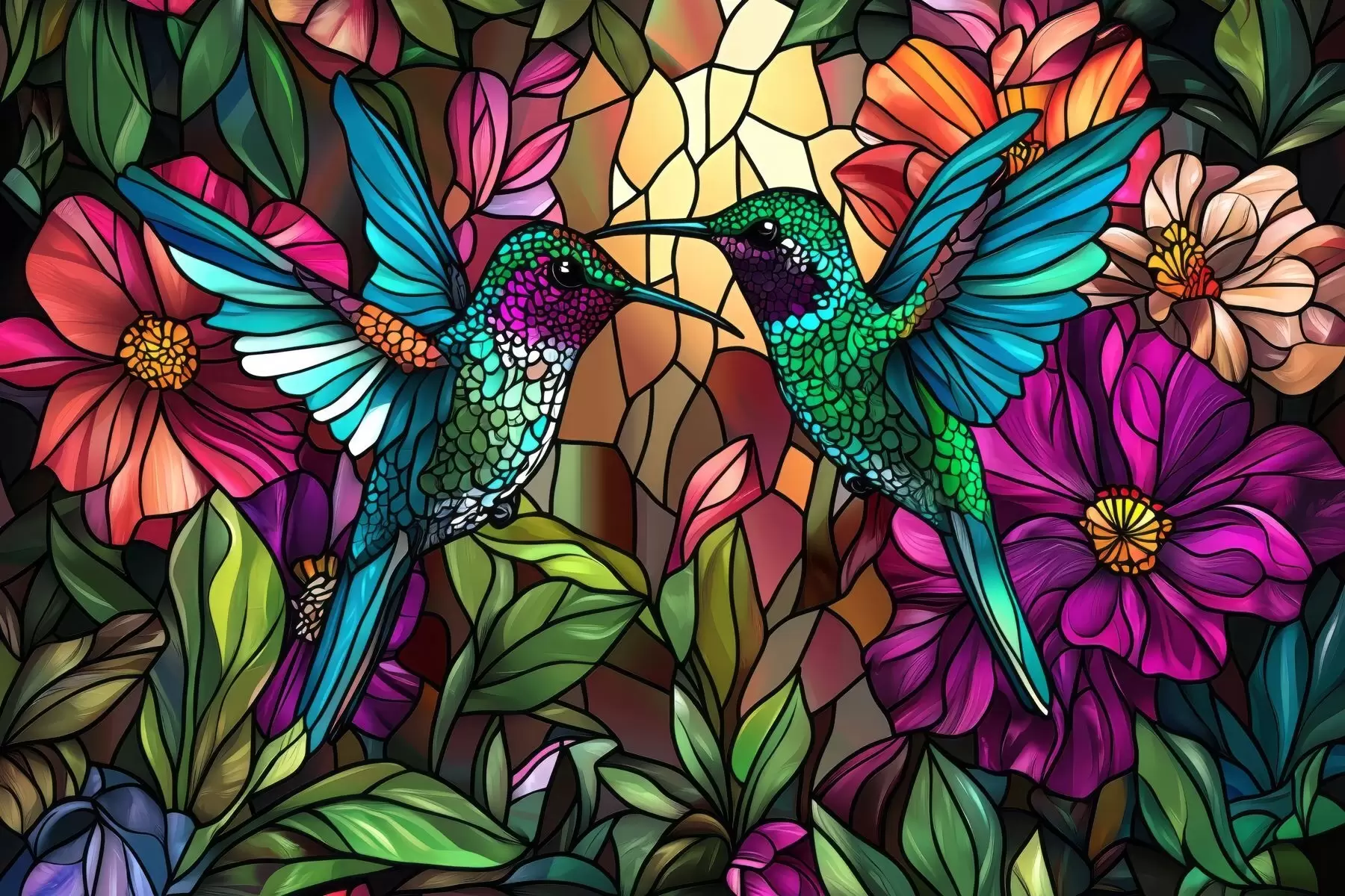 wall murals Wallpaper in stained glass style with the image of two caliber birds among leaves and flowers w02287