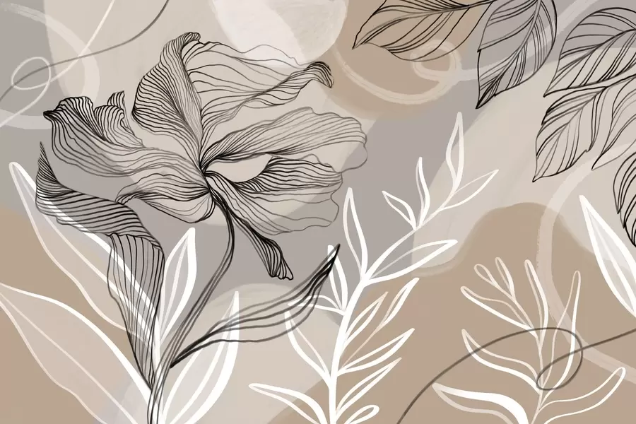 wall murals Elegant floral print with large abstract line flowers and leaves in shades of gray and beige on a light background w08413