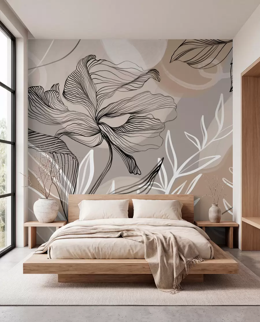 wall murals Elegant floral print with large abstract line flowers and leaves in shades of gray and beige on a light background w08413
