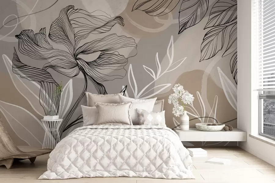 wall murals Elegant floral print with large abstract line flowers and leaves in shades of gray and beige on a light background w08413