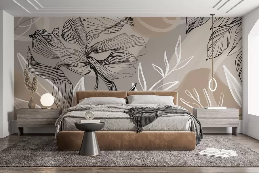 wall murals Elegant floral print with large abstract line flowers and leaves in shades of gray and beige on a light background w08413