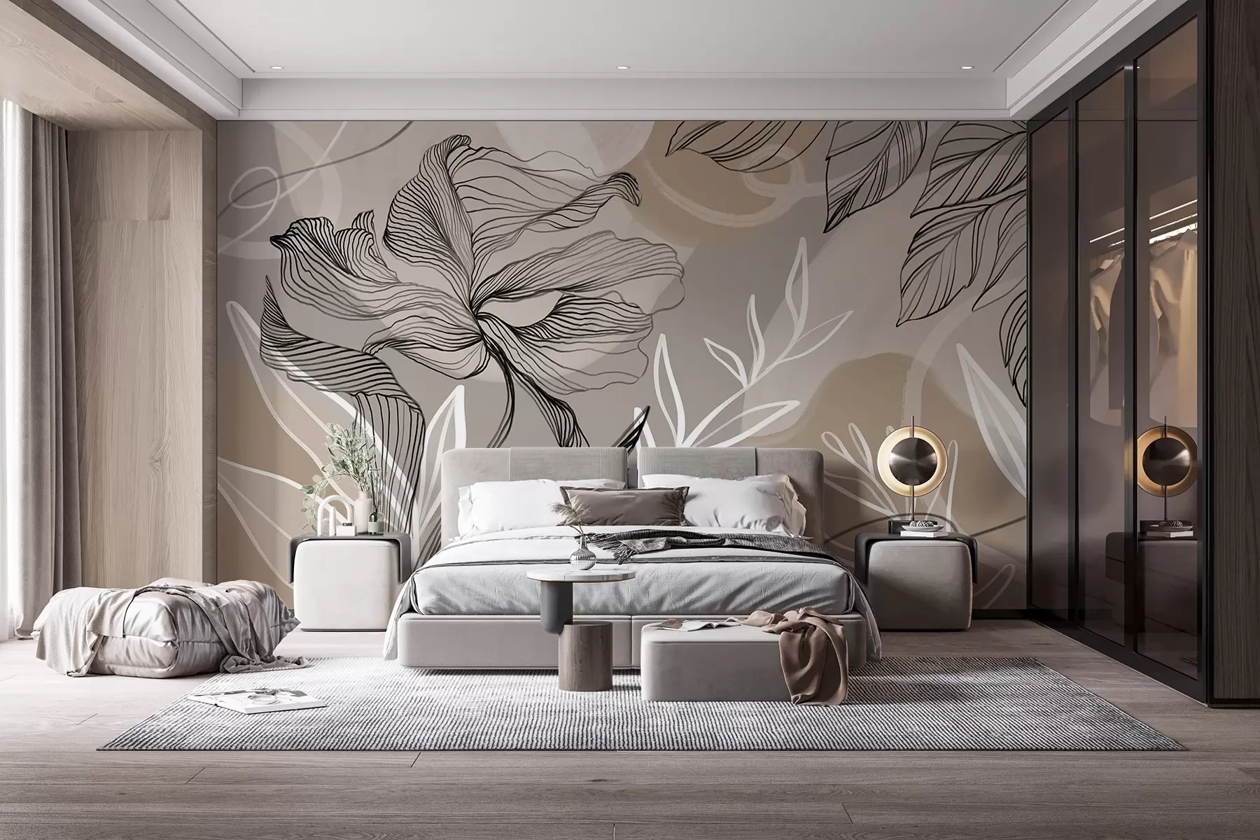 wall murals Elegant floral print with large abstract line flowers and leaves in shades of gray and beige on a light background w08413