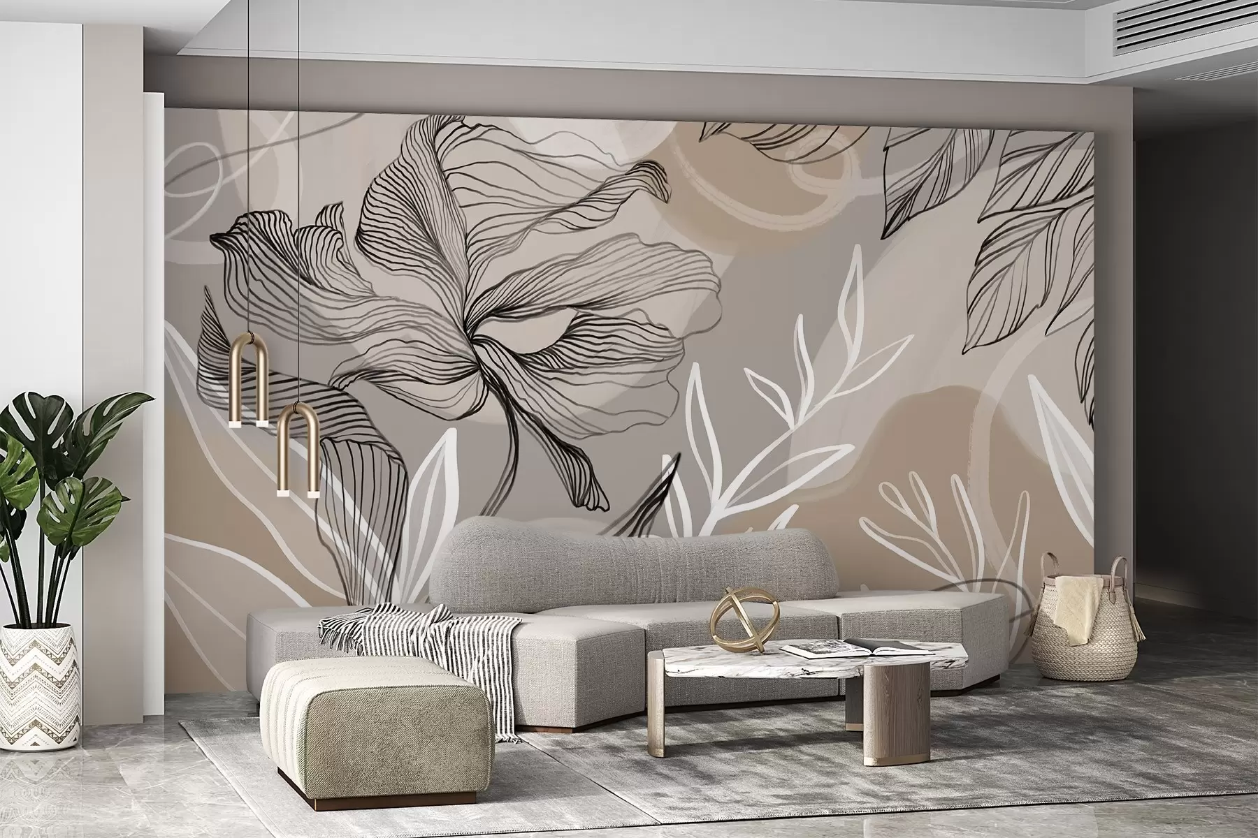 wall murals Elegant floral print with large abstract line flowers and leaves in shades of gray and beige on a light background w08413