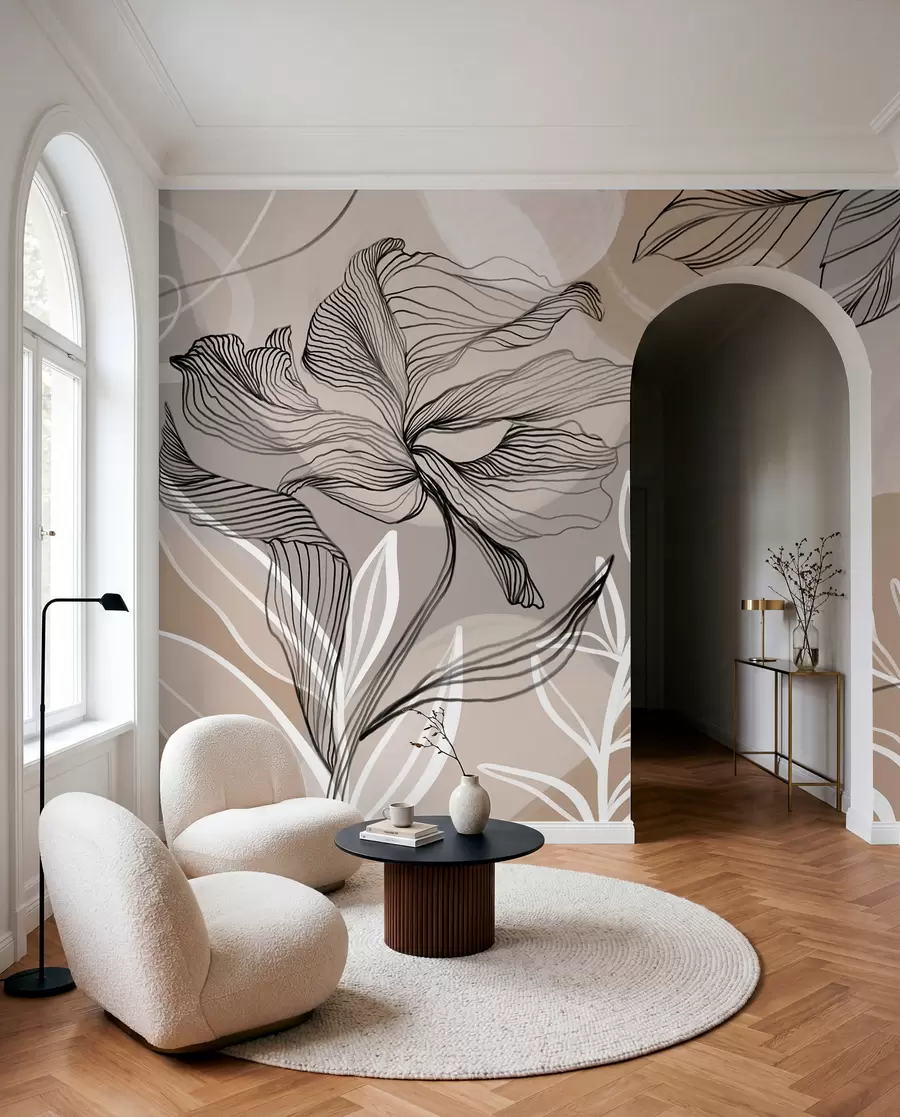 wall murals Elegant floral print with large abstract line flowers and leaves in shades of gray and beige on a light background w08413