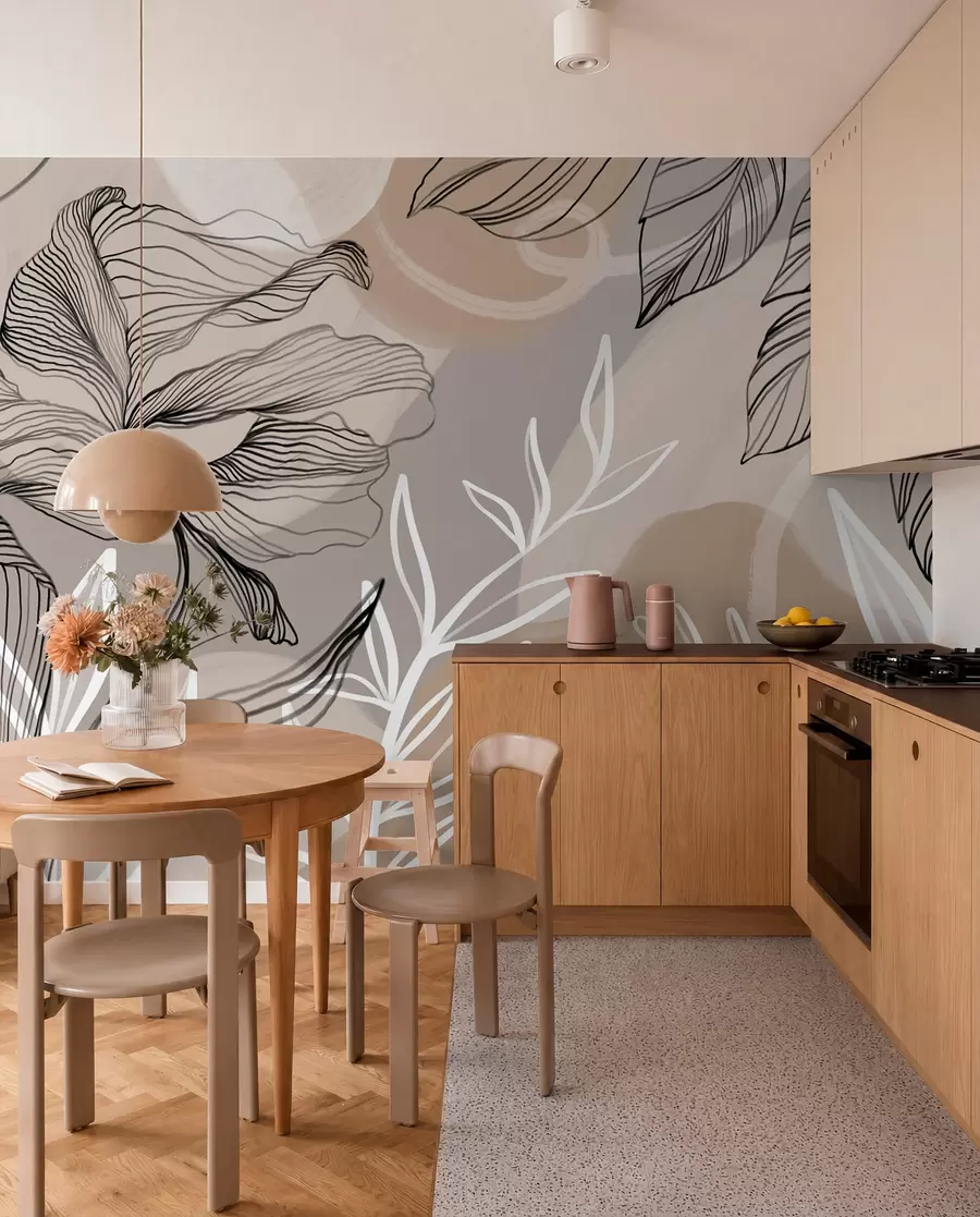 wall murals Elegant floral print with large abstract line flowers and leaves in shades of gray and beige on a light background w08413