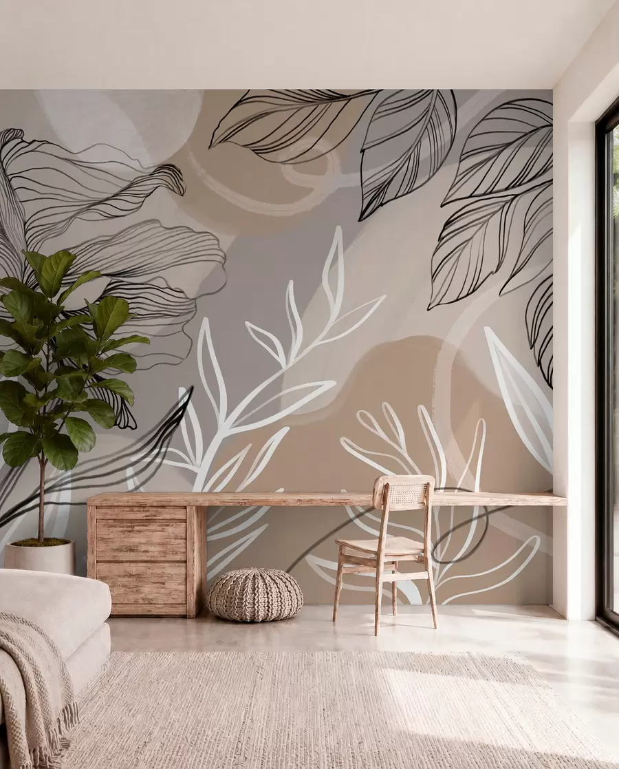 wall murals Elegant floral print with large abstract line flowers and leaves in shades of gray and beige on a light background w08413