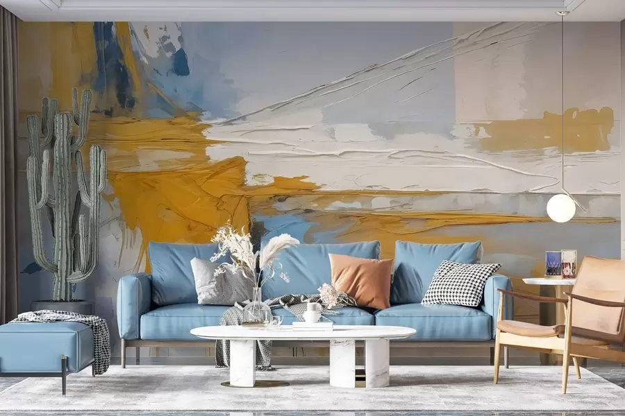 wall murals Minimalist abstract art composition with bold brushstrokes of yellow, blue, and white paint w08414