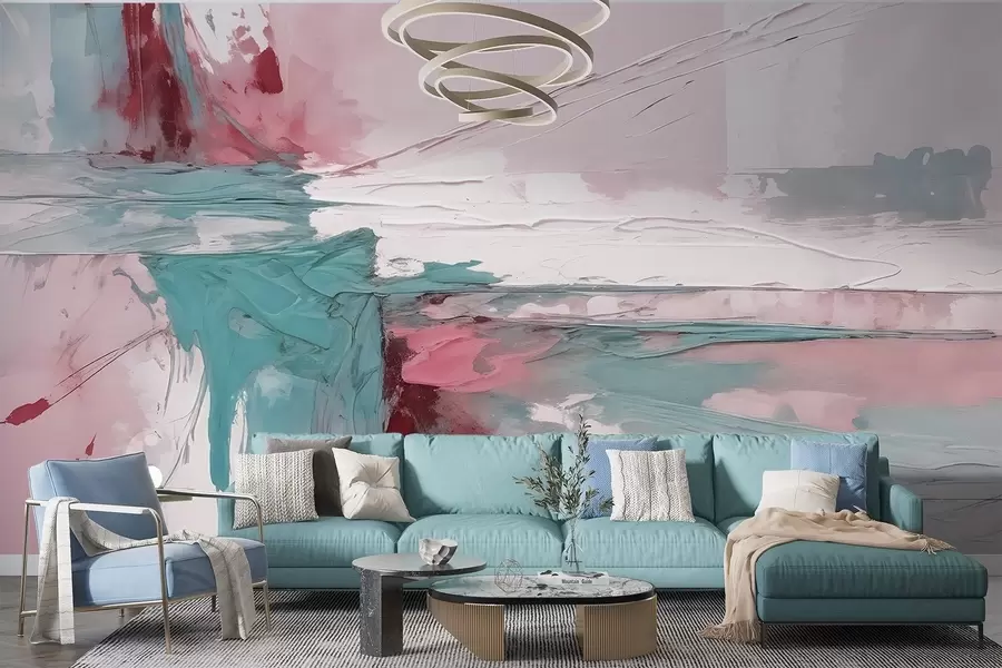 wall murals Minimalist abstract art composition with bold brushstrokes of pink, blue, and white paint w08414v1