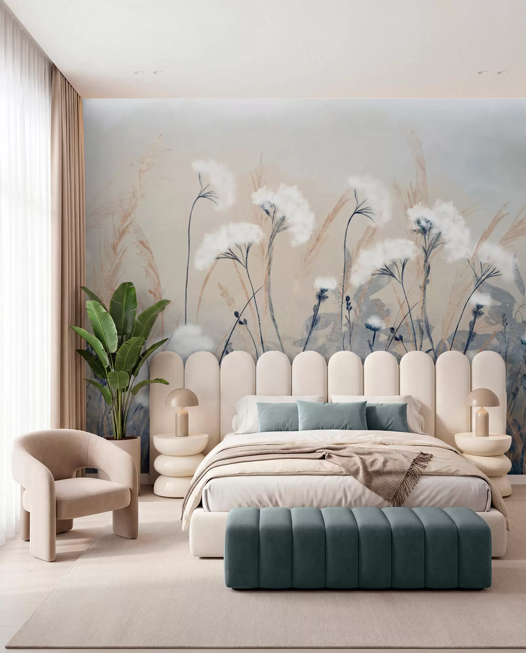wall murals Fluffy white cotton grass against a blurred textural background, with a soft, hazy, and serene atmosphere w08416