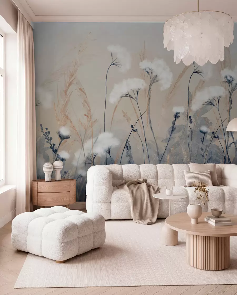 wall murals Fluffy white cotton grass against a blurred textural background, with a soft, hazy, and serene atmosphere w08416