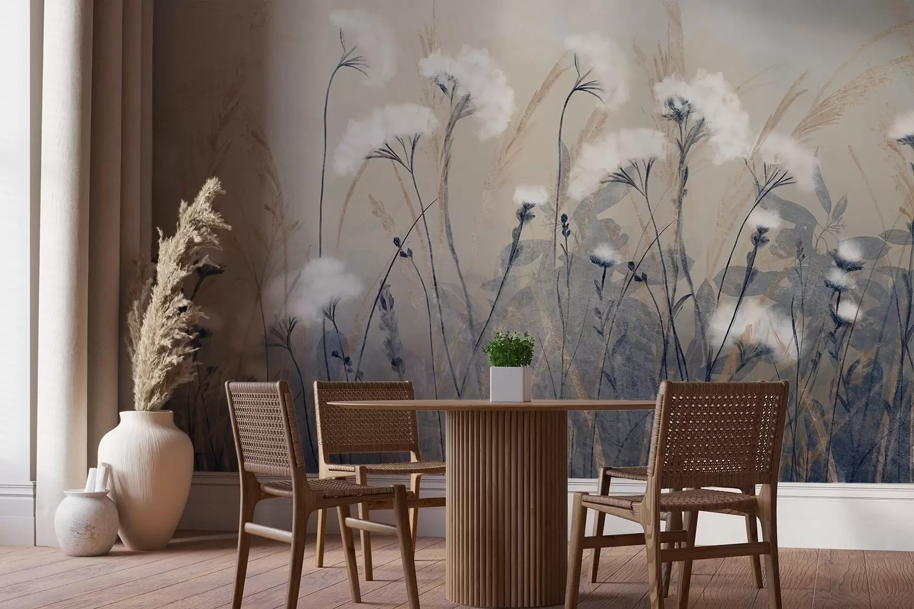 wall murals Fluffy white cotton grass against a blurred textural background, with a soft, hazy, and serene atmosphere w08416