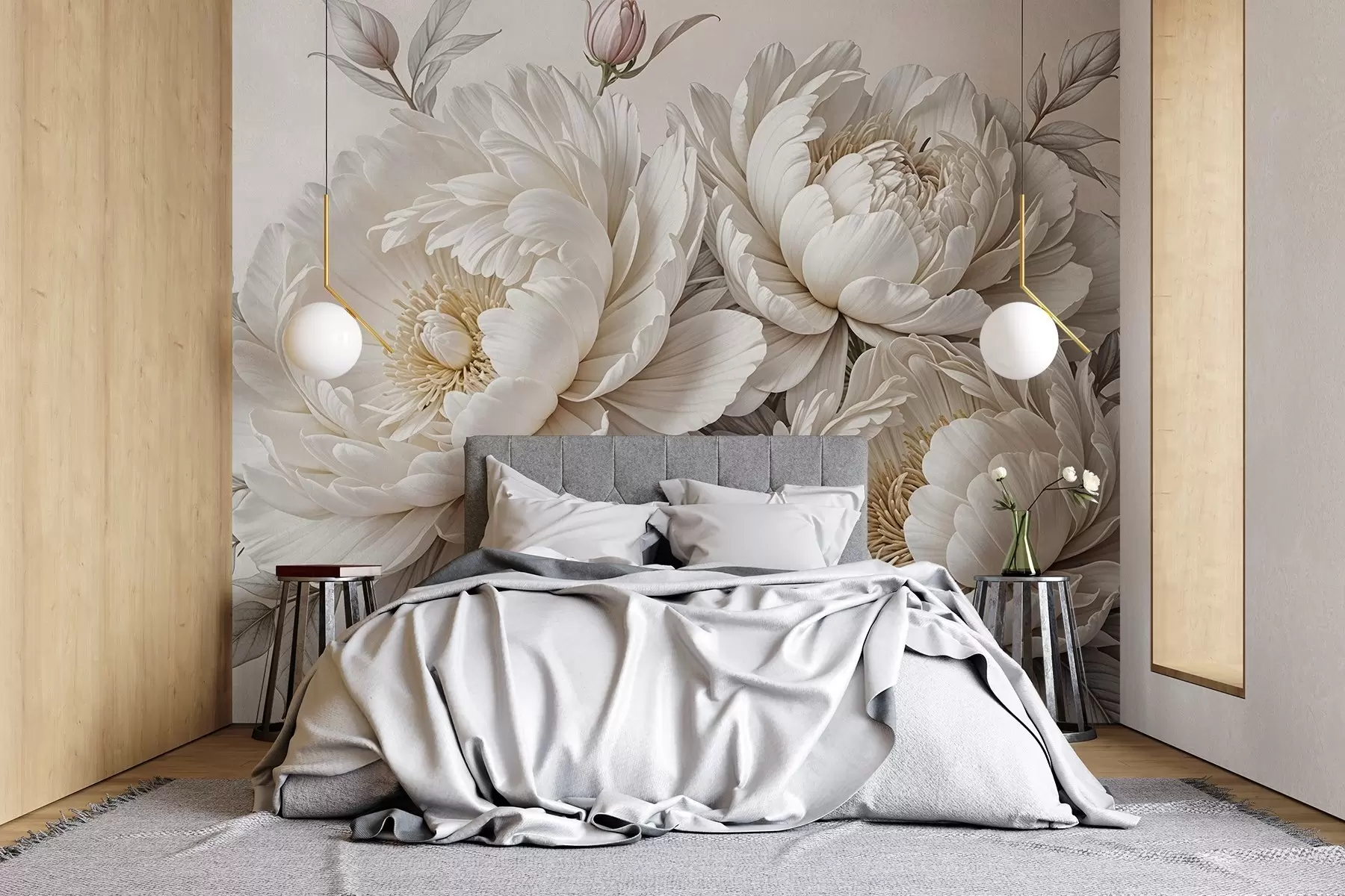 wall murals Delicate pastel white peonies with lush foliage against a soft, neutral background w08420