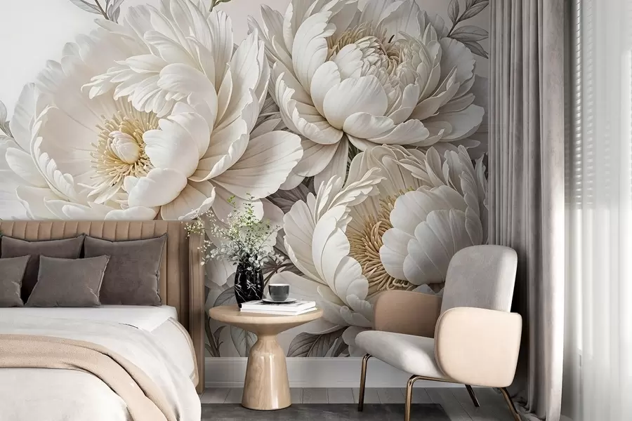 wall murals Delicate pastel white peonies with lush foliage against a soft, neutral background w08420