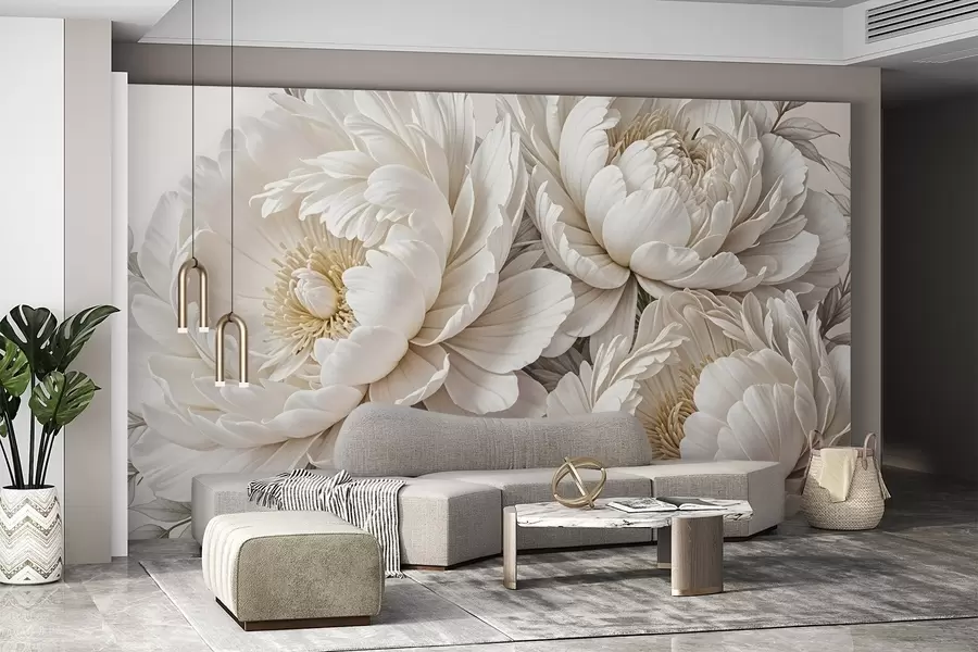 wall murals Delicate pastel white peonies with lush foliage against a soft, neutral background w08420