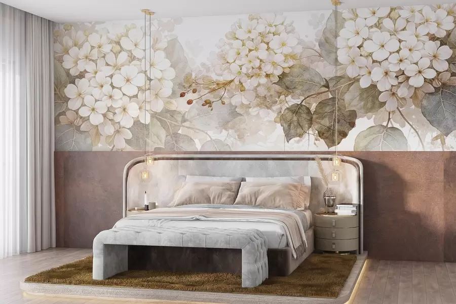 wall murals Delicate white hydrangea flowers with soft green leaves against a light background w08422