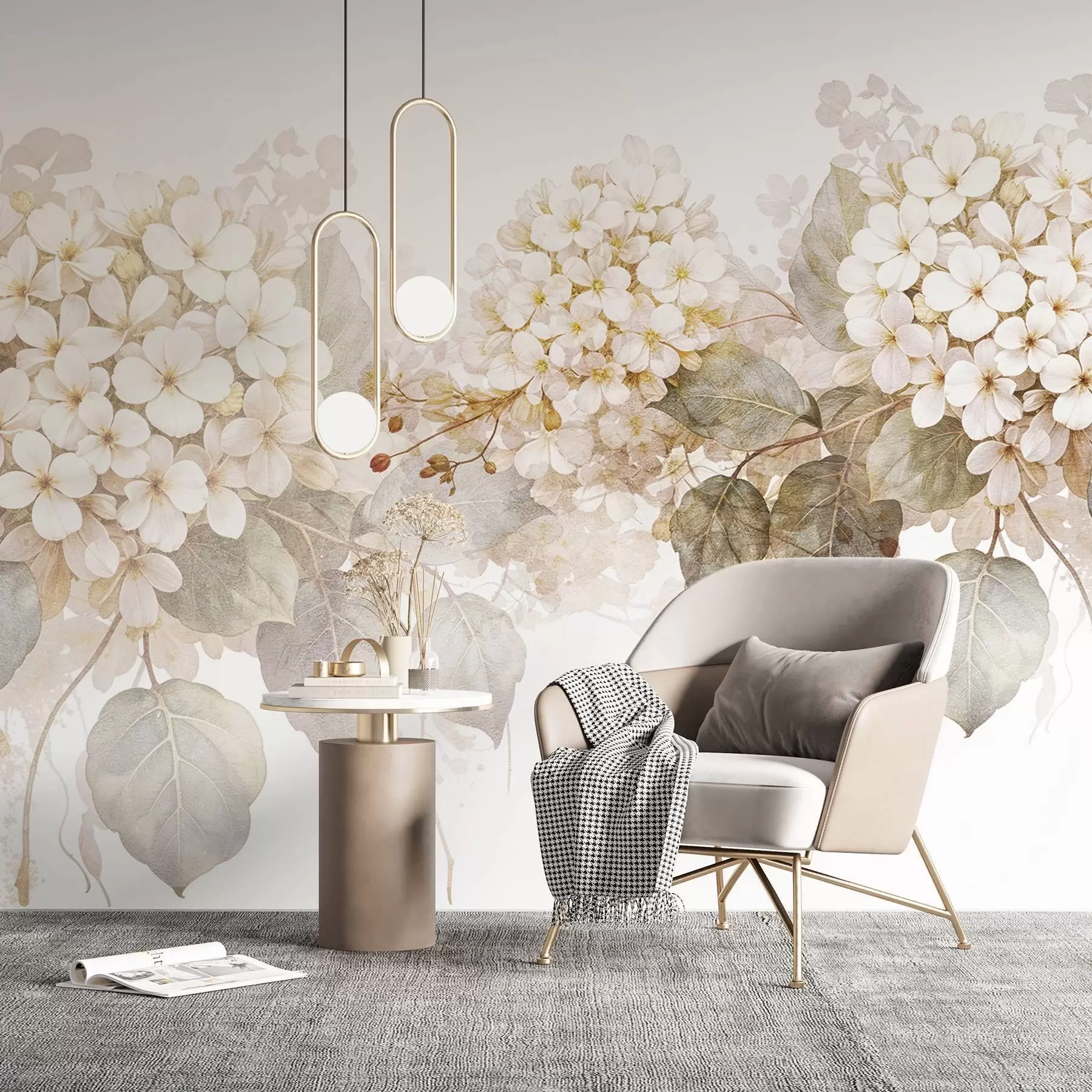 wall murals Delicate white hydrangea flowers with soft green leaves against a light background w08422