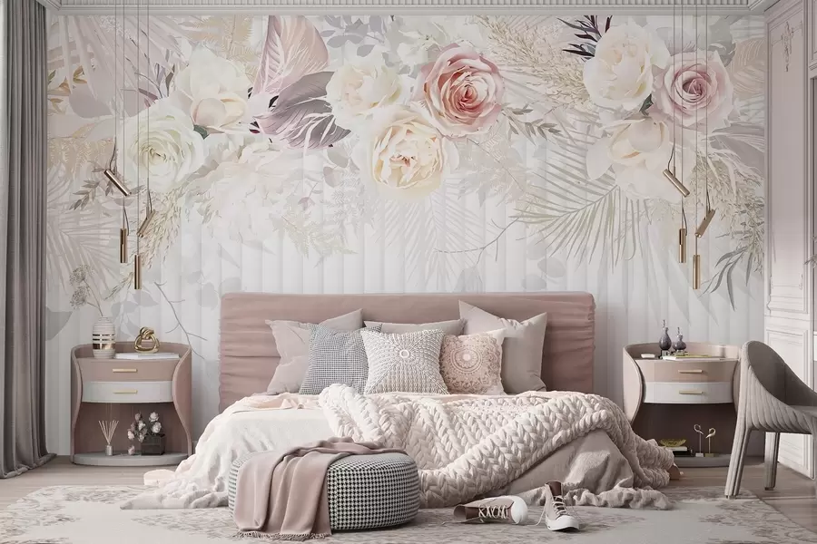 wall murals A floral arrangement with pink and white roses, palm leaves, and other tropical foliage against a white background w08425
