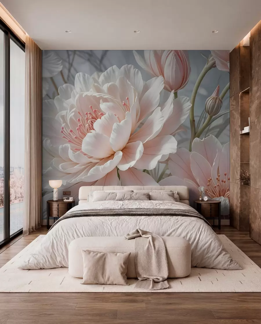 wall murals Large, delicate white and pink peony flowers with soft, fluffy petals against a blurred gray background w08427