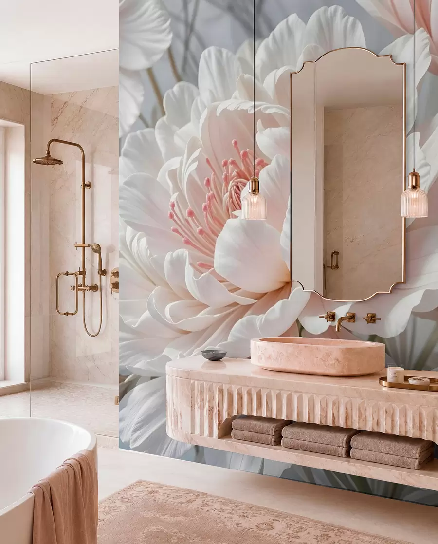 wall murals Large, delicate white and pink peony flowers with soft, fluffy petals against a blurred gray background w08427