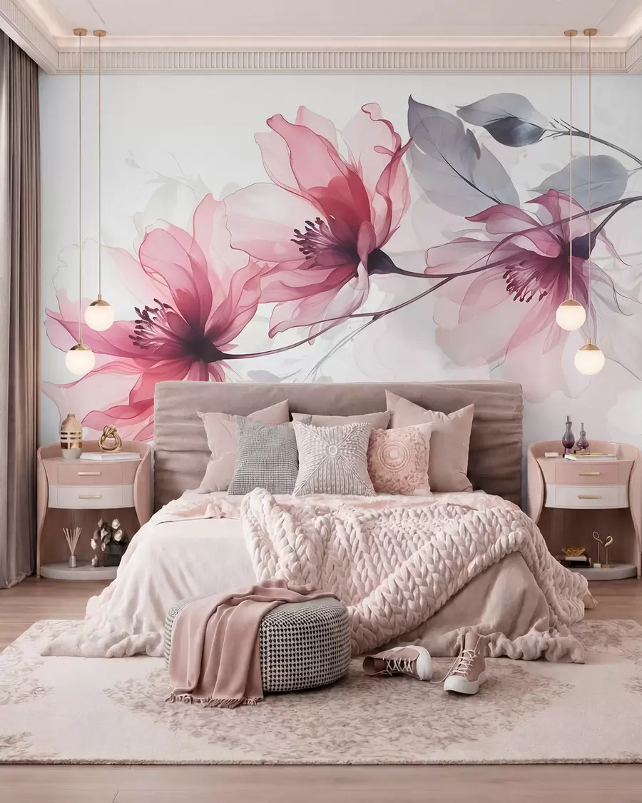 wall murals Delicate transparent pink and gray flowers with soft, blurred petals on white background w08429