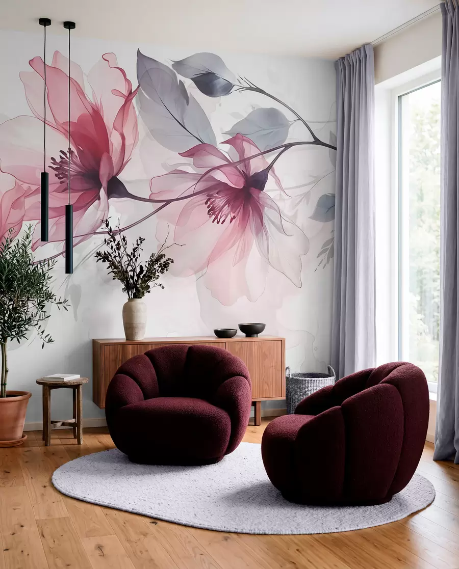 wall murals Delicate transparent pink and gray flowers with soft, blurred petals on white background w08429