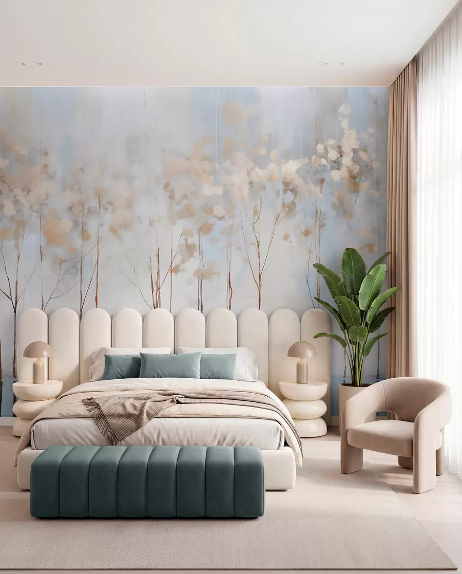 wall murals Bare trees in abstract pastel blurred winter minimalistic landscape with a soft, hazy background w08430