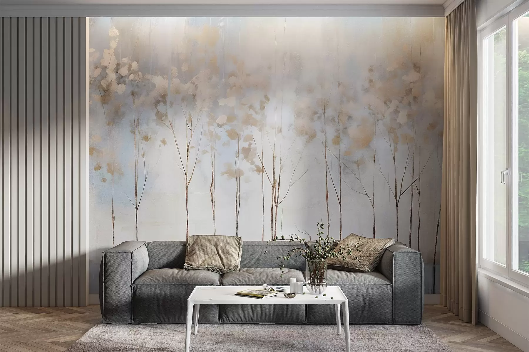 wall murals Bare trees in abstract pastel blurred winter minimalistic landscape with a soft, hazy background w08430