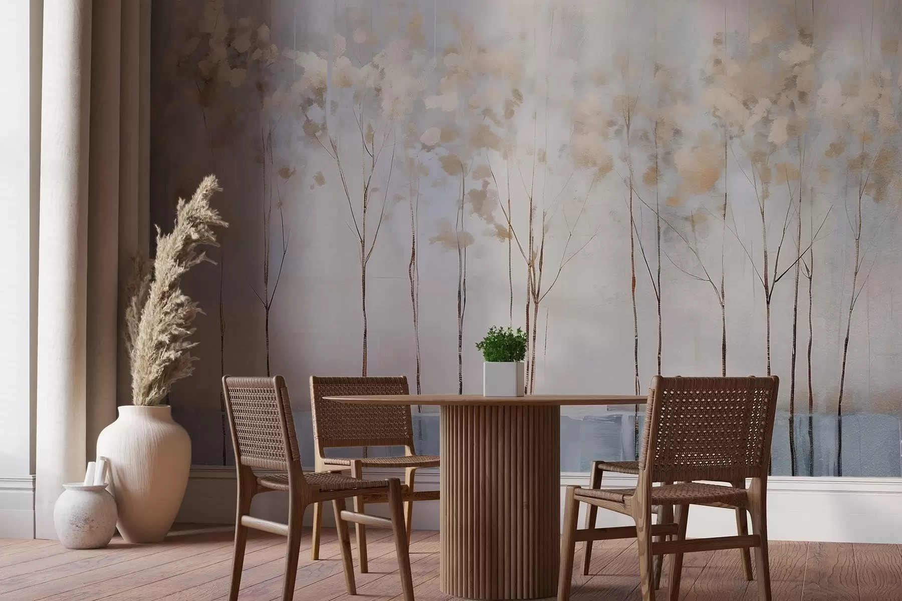 wall murals Bare trees in abstract pastel blurred winter minimalistic landscape with a soft, hazy background w08430