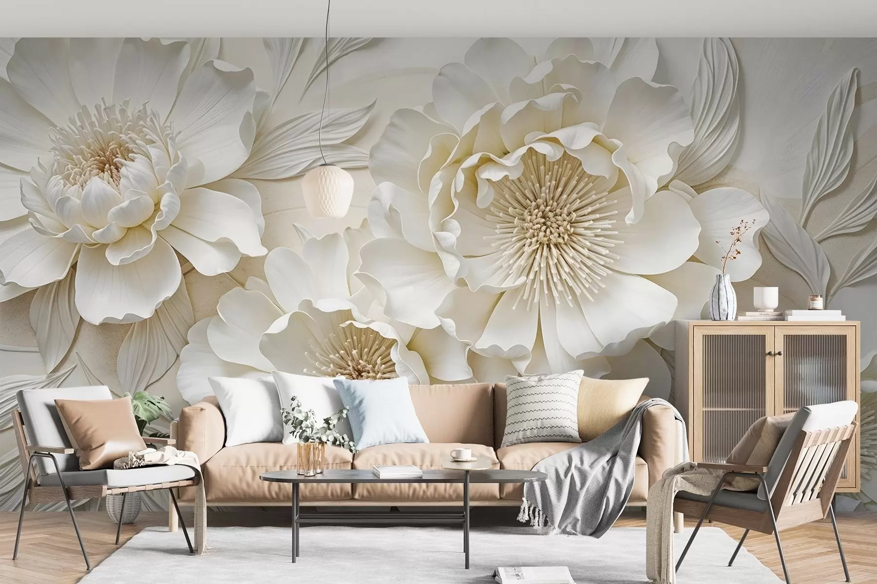 wall murals Elegant volumious imitation white peony flowers with soft petals and pastel yellow centers, against a light background w08431