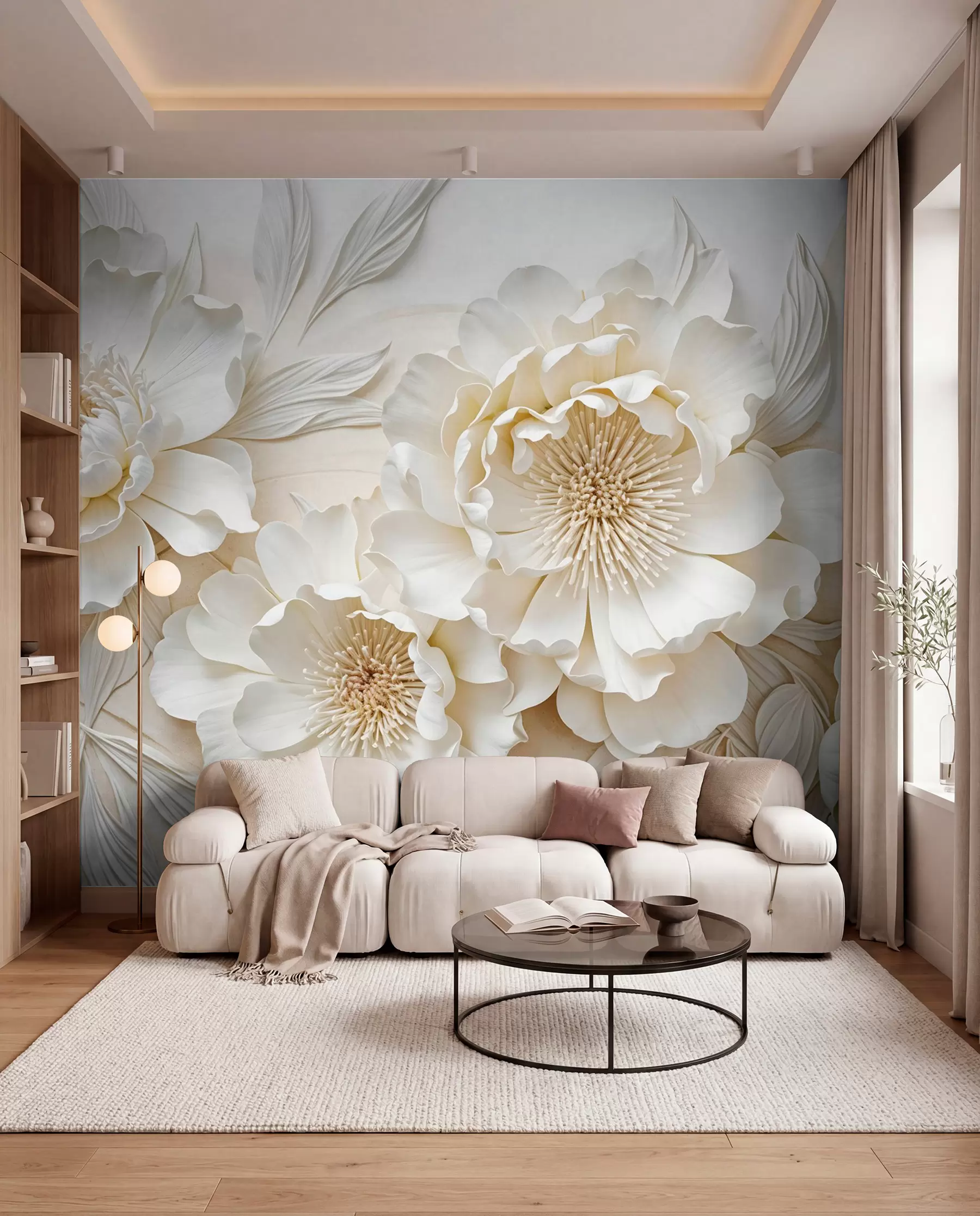 wall murals Elegant volumious imitation white peony flowers with soft petals and pastel yellow centers, against a light background w08431
