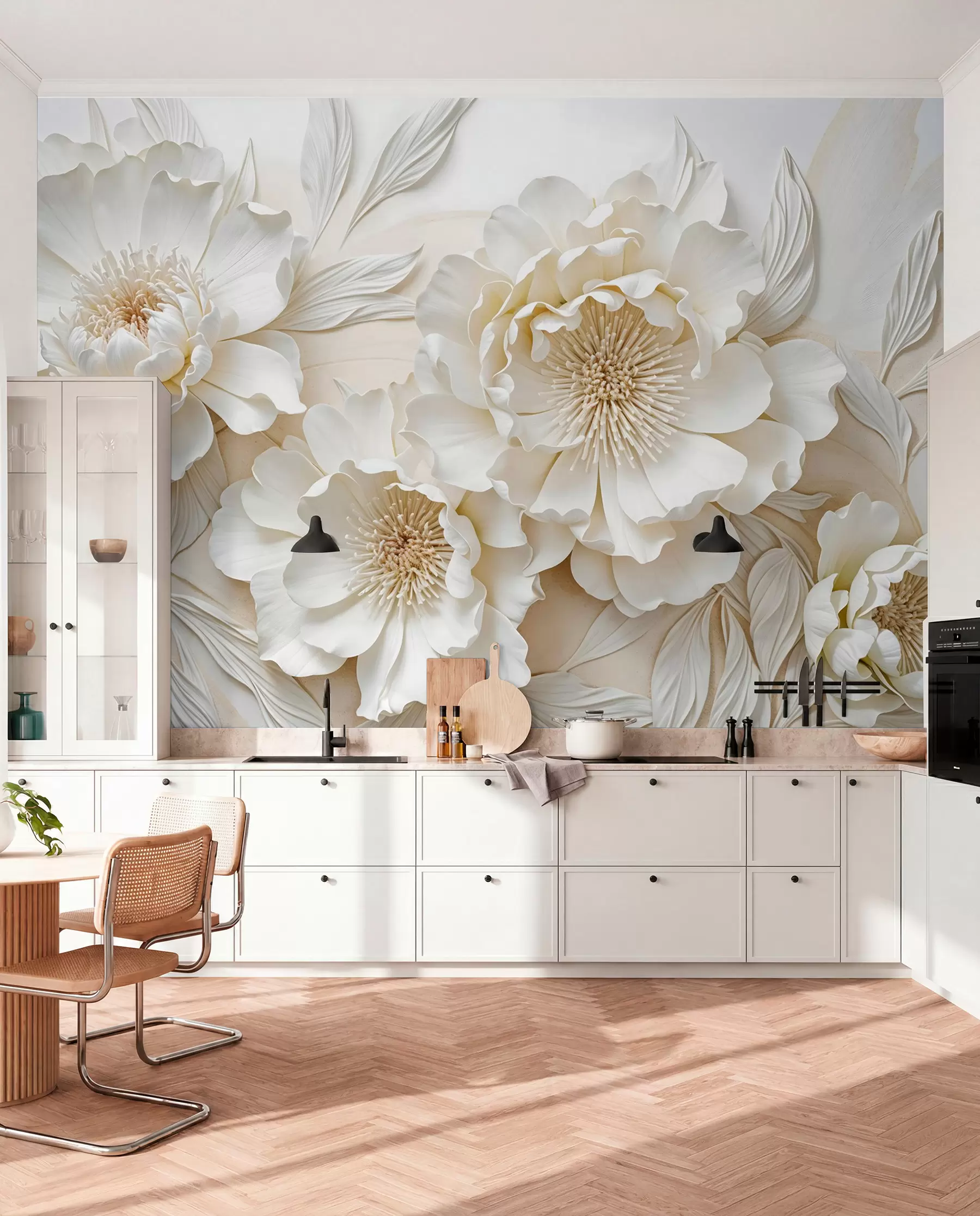 wall murals Elegant volumious imitation white peony flowers with soft petals and pastel yellow centers, against a light background w08431