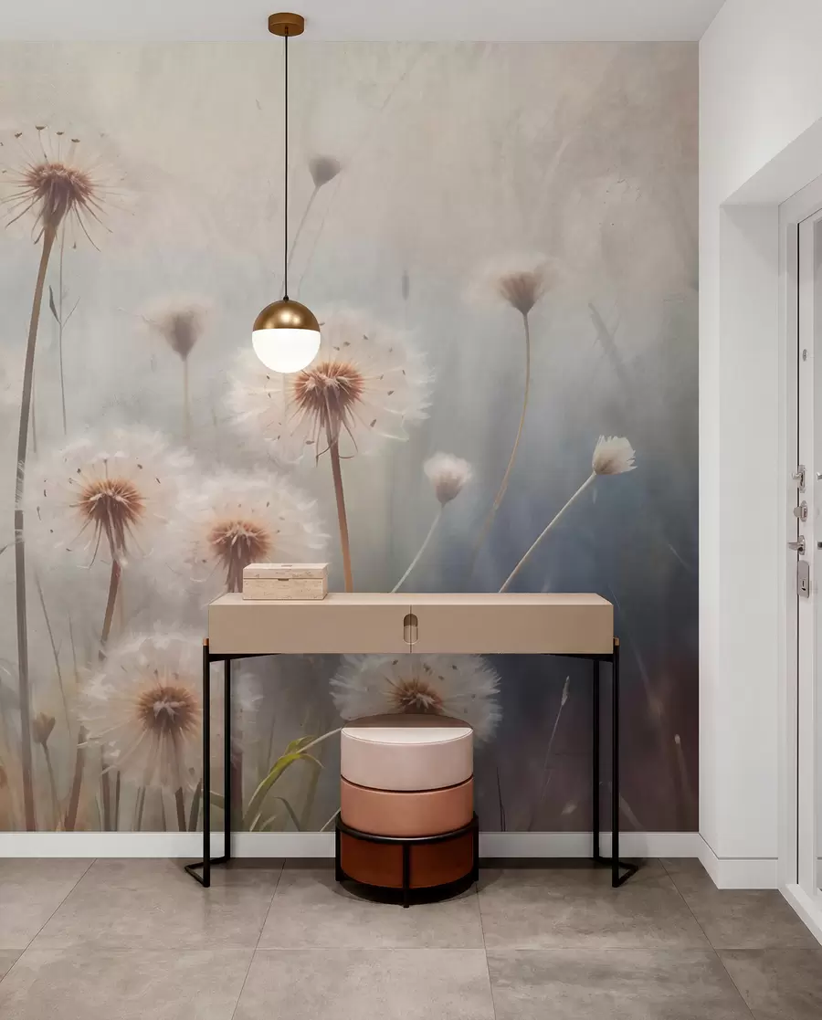 wall murals Soft focus dandelion flowers in a field, with a blurred pastel colored textured background w08432