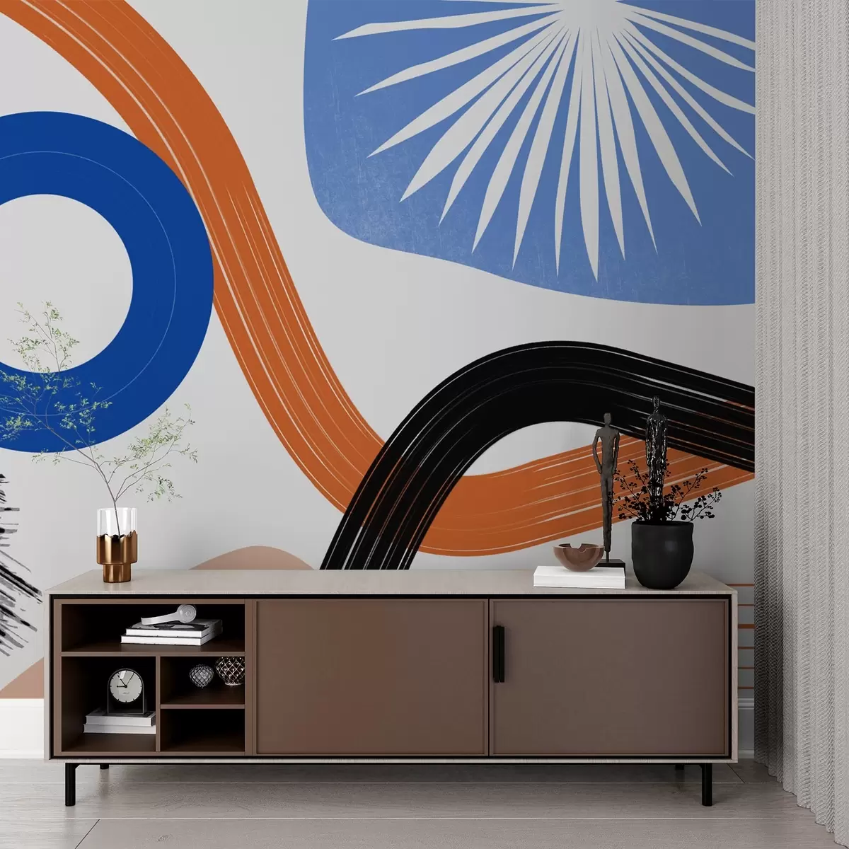 wall murals Abstract composition with lines and circle, blue, orange color w02334