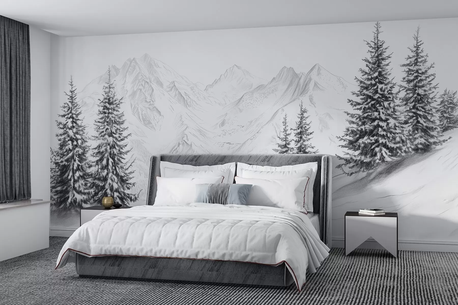 wall murals Snowy mountains, pencil style drawing, minimalism, forest, nature w02351