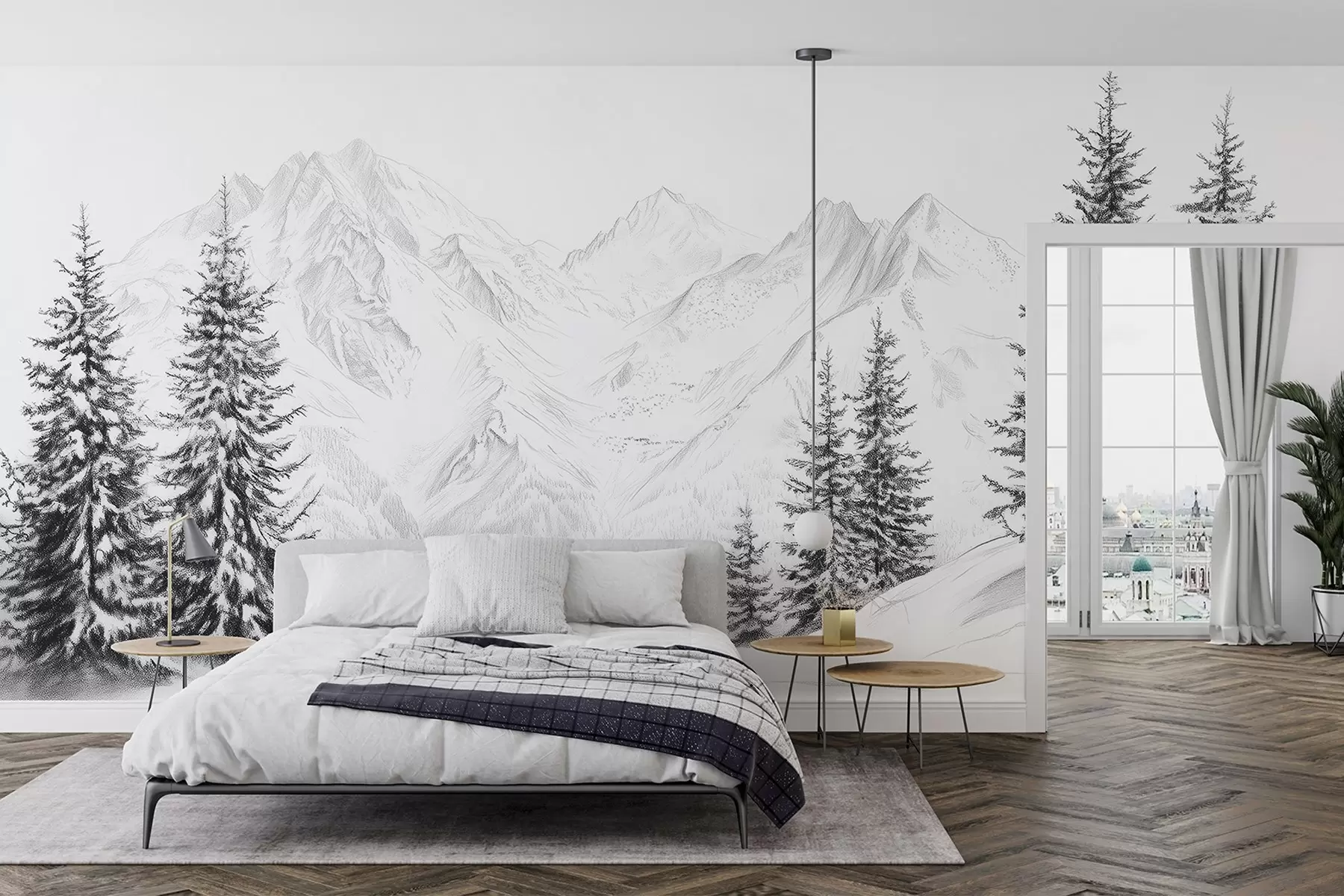 wall murals Snowy mountains, pencil style drawing, minimalism, forest, nature w02351