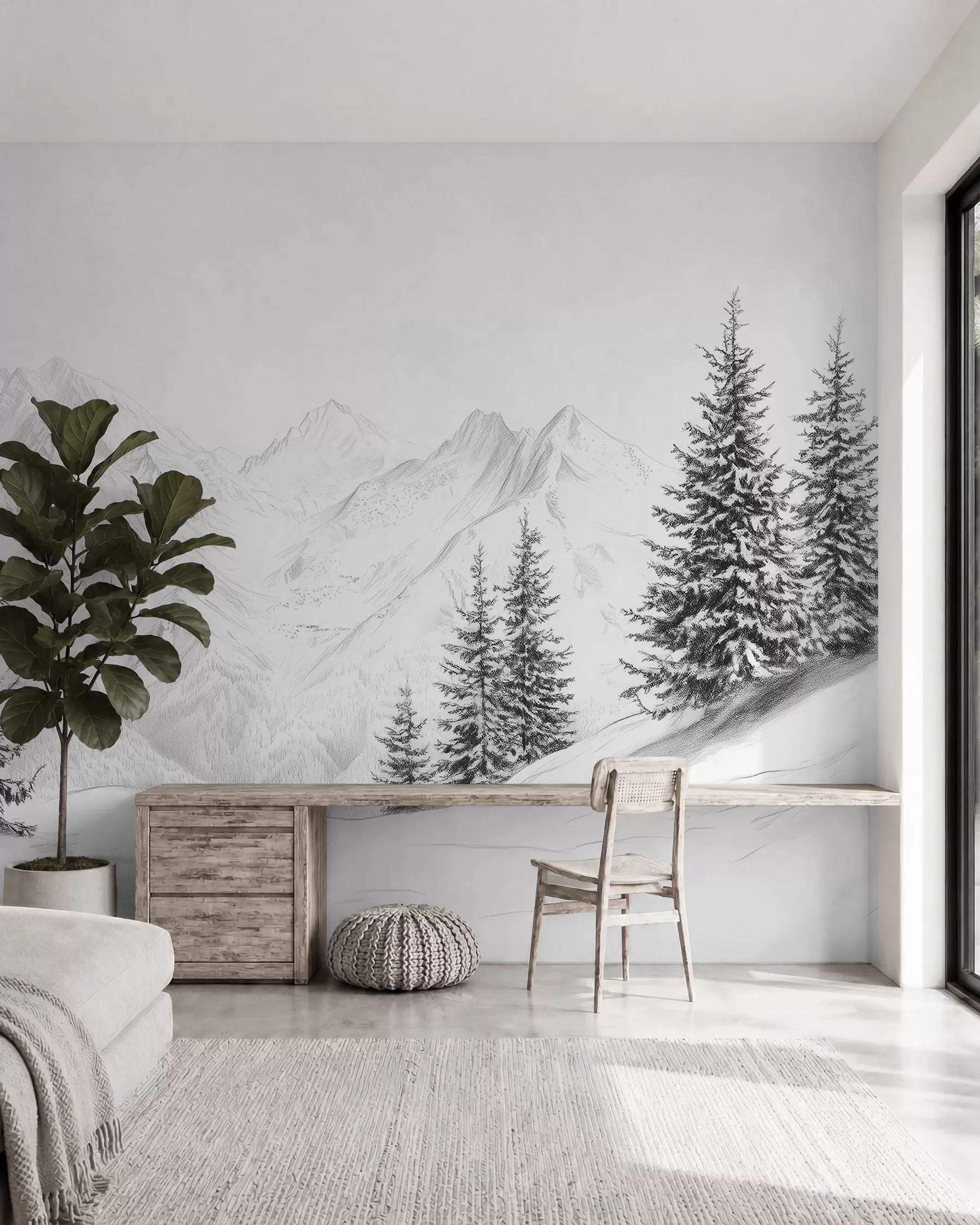 wall murals Snowy mountains, pencil style drawing, minimalism, forest, nature w02351