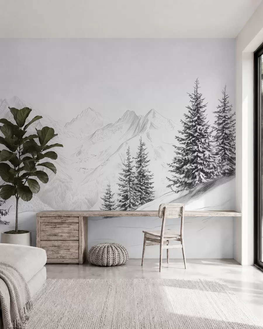 wall murals Snowy mountains, pencil style drawing, minimalism, forest, nature w02351