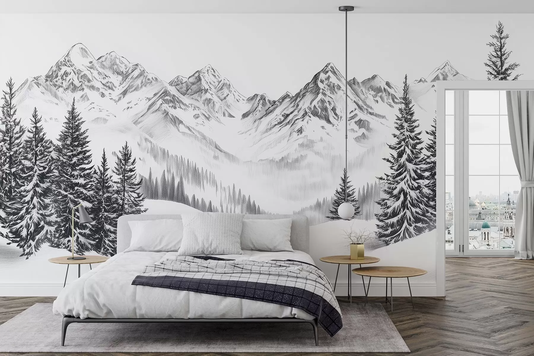 wall murals Alpine mountains in the snow, pencil style, minimalism w02352