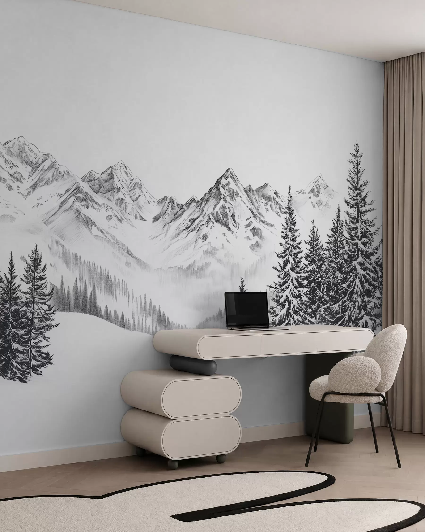 wall murals Alpine mountains in the snow, pencil style, minimalism w02352