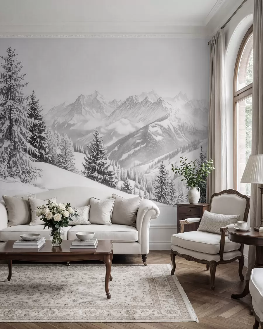 wall murals Winter in the mountains, forest, Alps, pencil style drawing, nature landscapes w02353